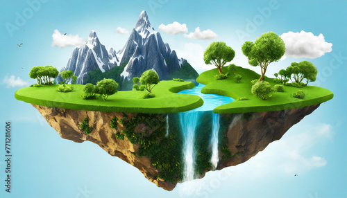 Flying land with beautiful landscape, green grass and waterfalls mountains. 3d illustration of floating forest island isolated with clouds