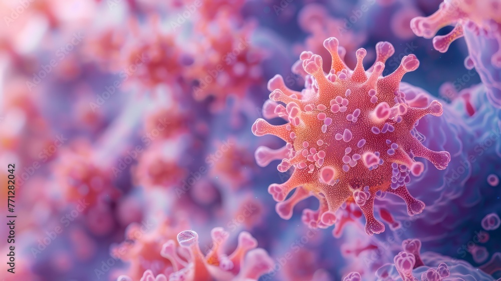 Create an image showcasing the microscopic investigation of virus spread mechanisms within a population Create an image showcasing the microscopic investigation of virus spread mechanisms within a population