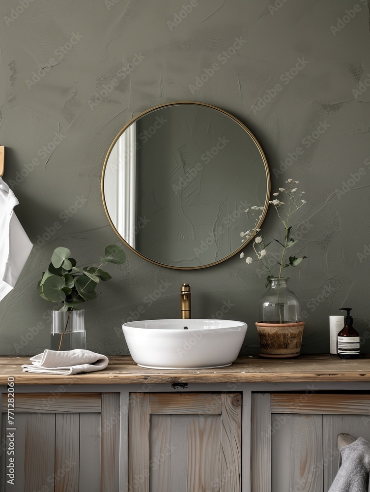 an area with a sink and a mirror in olive colors an area with a sink and a mirror in olive colors