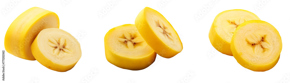 Banana slice isolated. Cut bananas on white. Set of banana slices on white background. Banana slice isolated. Cut bananas on white. Set of banana slices on white background.