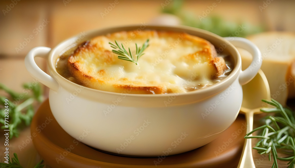 A bowl of French onion soup with melted cheese and croutons on top, garnished with fresh thyme leaves.