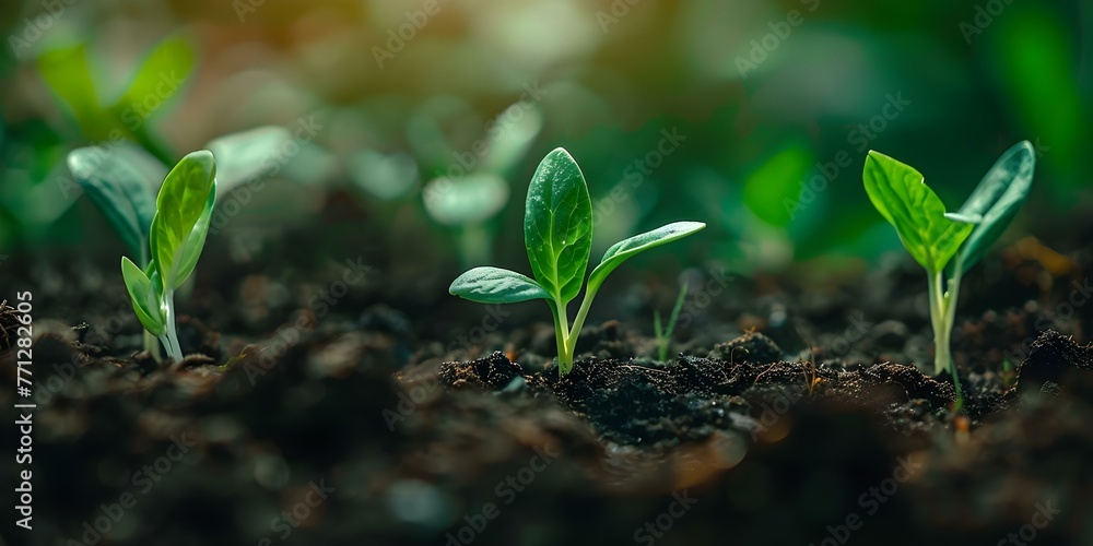 Promoting Sustainable Agriculture Practices and Efficient Water Consumption Through New Sprouts Emerging in Fertile Soil. Concept Sustainable Agriculture, Efficient Water Consumption, New Sprouts