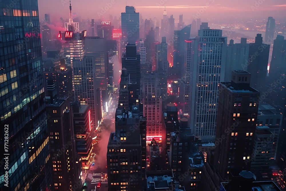 : A bustling cityscape at sunset, with skyscrapers lighting up and lights flickering as the day transitions to night, time-lapse view