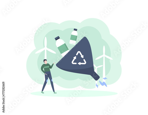 recycling concept. converting plastic waste into energy. a man processes plastic bottle waste to create a new energy source. waste management. environmental care. illustration concept design. graphic 