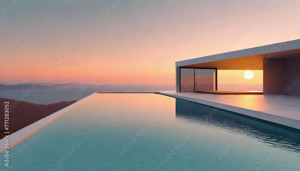 Modern minimalist cubic home with infinity pool at sunset. Contemporary design meets natural beauty.