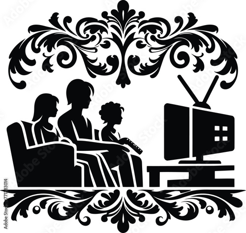 family's watching tv silhouette with Victorian flowers ornament decoration, black and white cutout design.