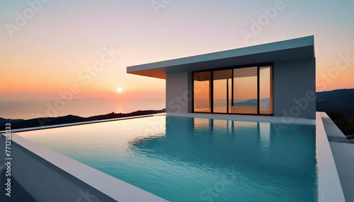 Modern minimalist cubic home with infinity pool at sunset. Contemporary design meets natural beauty. © Marisa