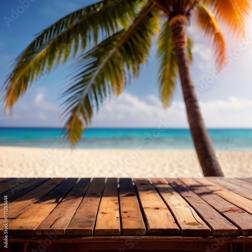 Wooden counter top for product mockup backdrop with background of tropical beach summer paradise