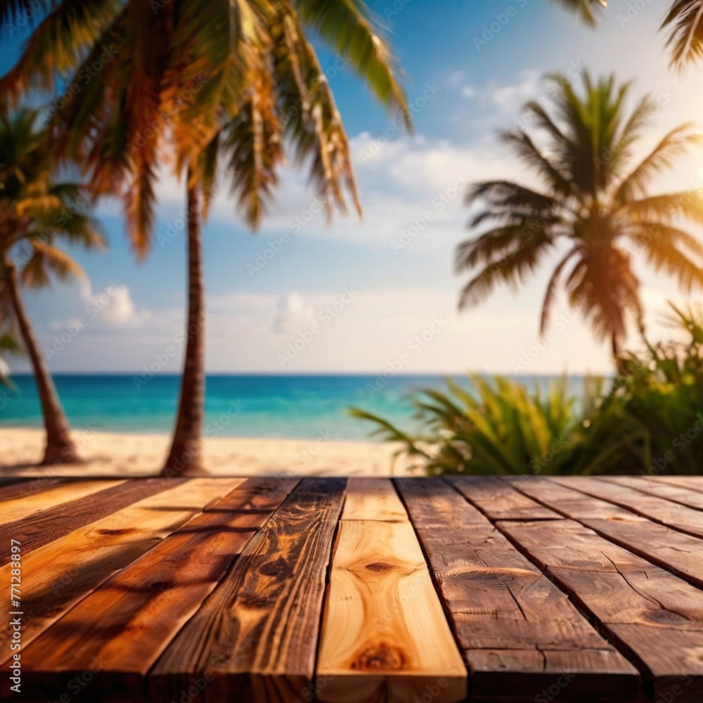 Wooden counter top for product mockup backdrop with background of tropical beach summer paradise