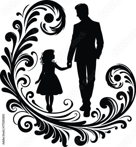 family's silhouette with Victorian flowers ornament decoration, black and white cutout design.