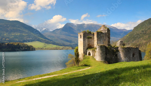 Ruin of the castle on a background lake and mountains
