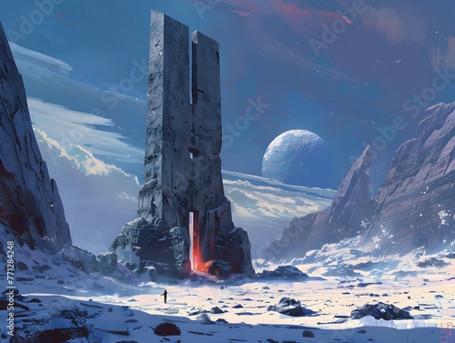 Lone Explorer Walking Amongst Ancient Ruins on Alien Planet photo