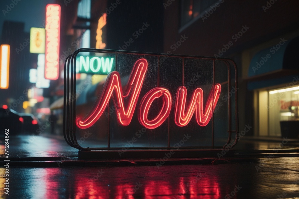 Slogan now neon light sign text effect on a rainy night street, horizontal composition