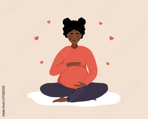 Pregnant woman in lotus position hugs her tummy. African female character waiting for baby. Happy girl meditates. Pregnancy and motherhood concept. Vector illustration in flat cartoon style.