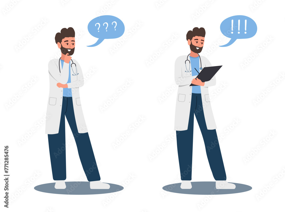Male doctor in doubt. Thinking man in uniform with question mark. Searching of idea and solution to problem. Vector illustration in flat cartoon style. Male doctor in doubt. Thinking man in uniform with question mark. Searching of idea and solution to problem. Vector illustration in flat cartoon style.