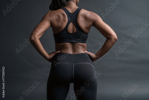 Athletic woman with a curvy slim body training in a gym, wearing sports clothing, facing backwards, sport and fitness concept