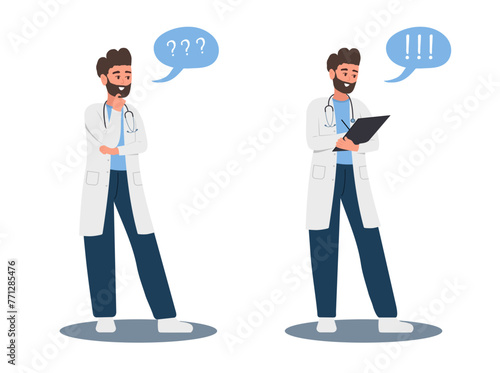 Male doctor in doubt. Thinking man in uniform with question mark. Searching of idea and solution to problem. Vector illustration in flat cartoon style.