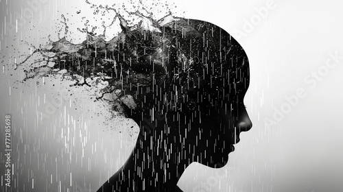 Silhouette of a human head with rainy weather inside, representing the concept of tears, crying, sorrow, depression, mental health, and loneliness #771285698