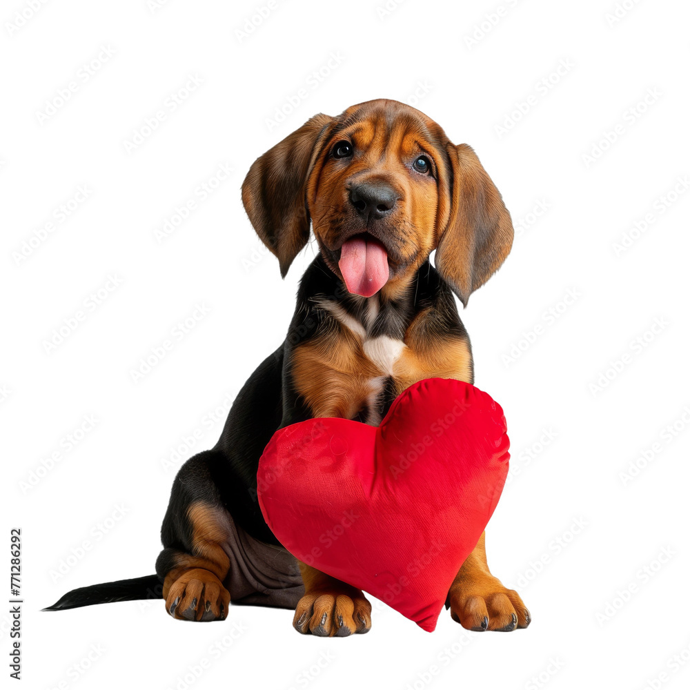 Bloodhound Puppy Holding Red Heart on White Background