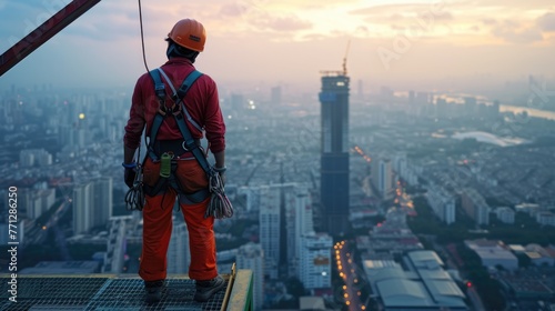 A construction worker in a helmet stands atop a building, gazing at the city's skyline, with the sky filled with clouds. AIG41