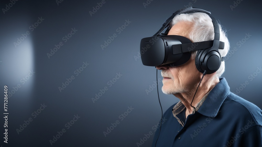 gray-haired elderly man using VR headset and experiencing virtual reality, isolated on white background
