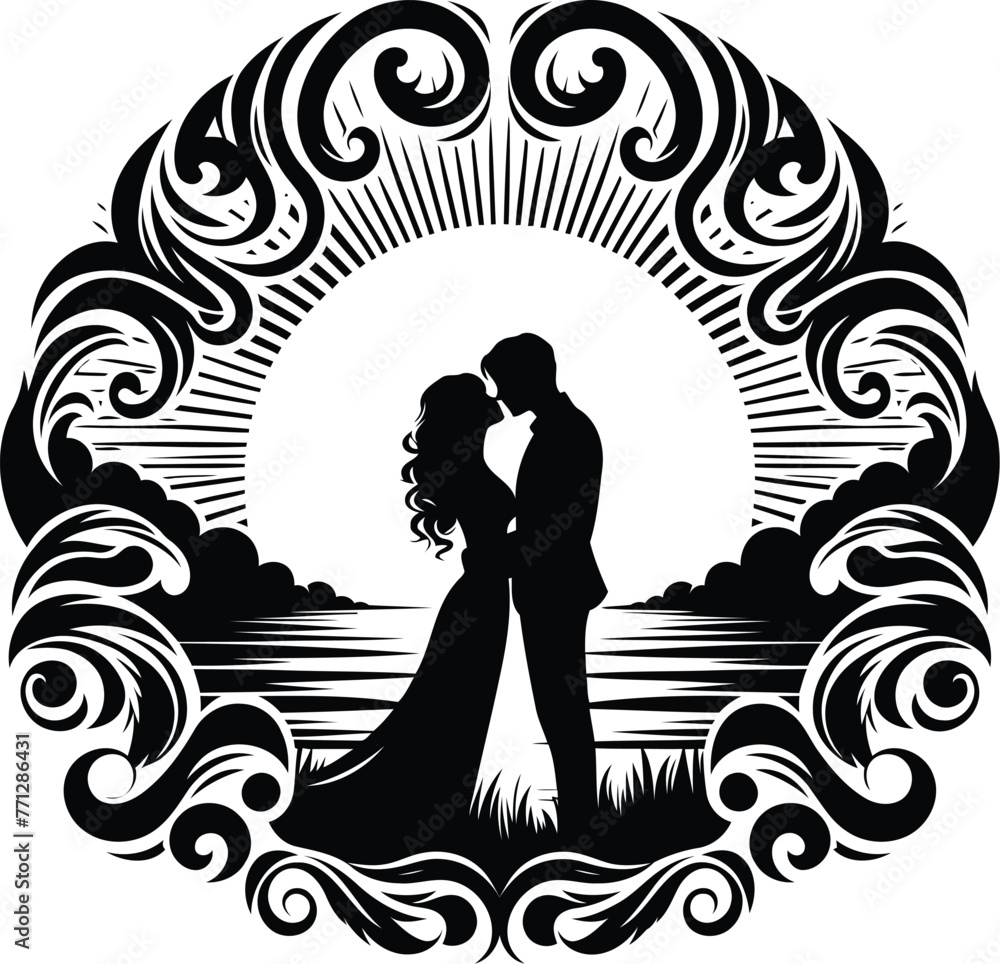 couple dating in the beach silhouette with Victorian flowers ornament decoration, black and white cutout design. couple dating in the beach silhouette with Victorian flowers ornament decoration, black and white cutout design.