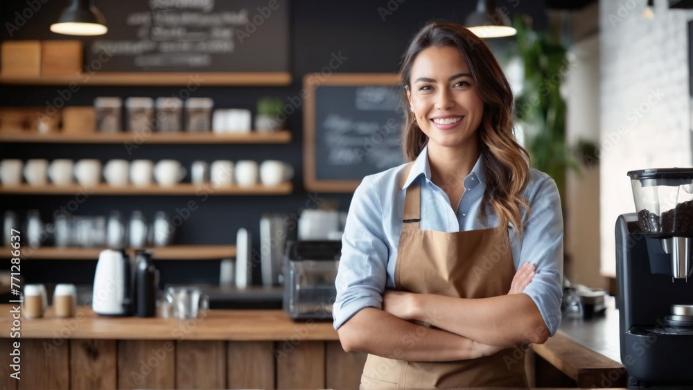 A barista in a coffee shop is a happy employee restaurant or cafeteria looking at the camera, a woman in an apron smiling greeting guests having a thriving catering business concept