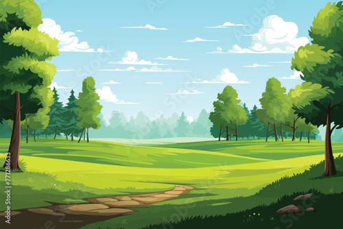 Vector flat green landscape illustration with trees and grass, spring and summer, blue sky