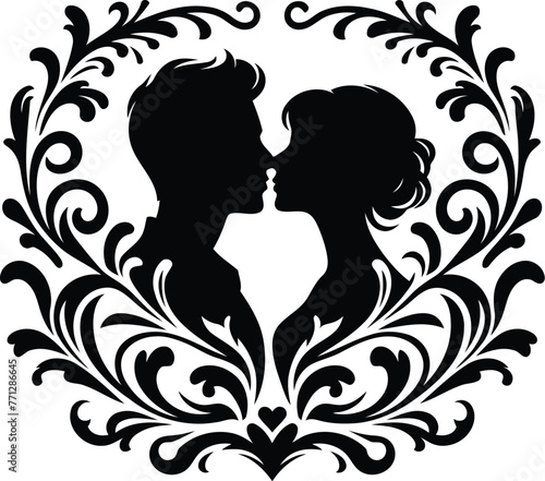 couple silhouette with Victorian flowers ornament decoration, black and white cutout design.