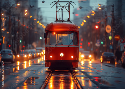 A Moscow downtown a street car of a retro tram going down a street at the early morning