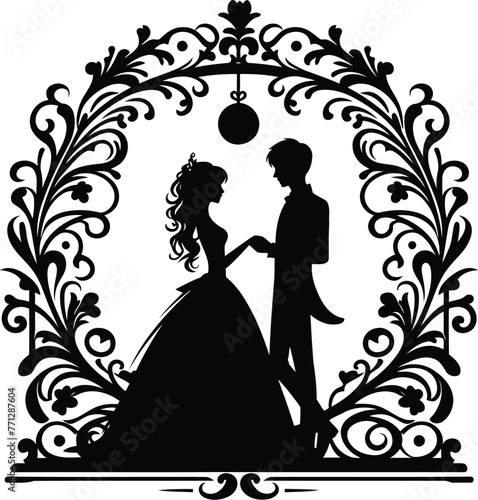 couple silhouette with Victorian flowers ornament decoration, black and white cutout design.