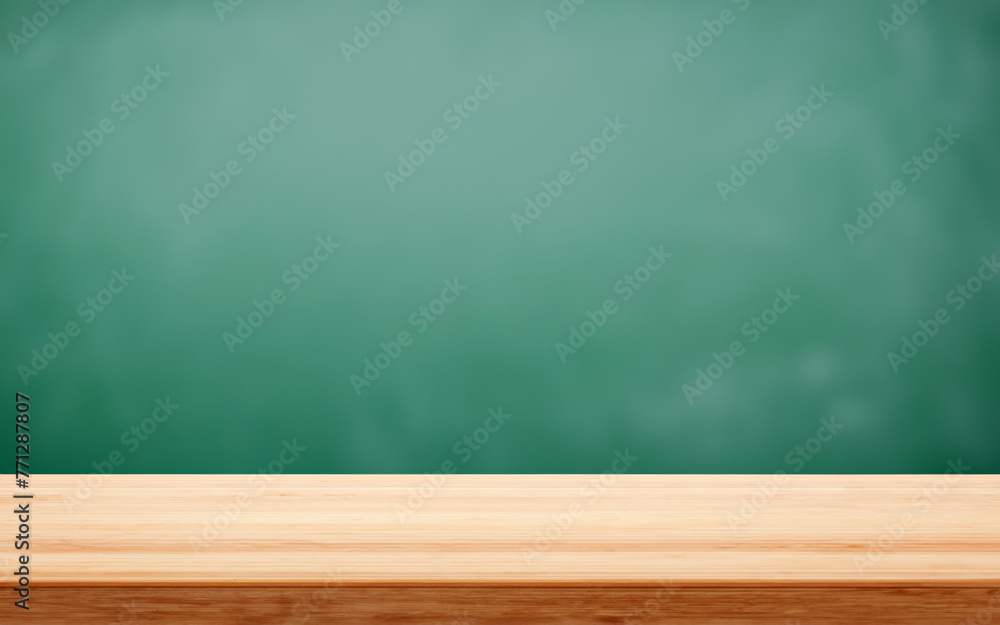 Wooden board empty table. background classroom with green chalkboard Wooden board empty table. background classroom with green chalkboard