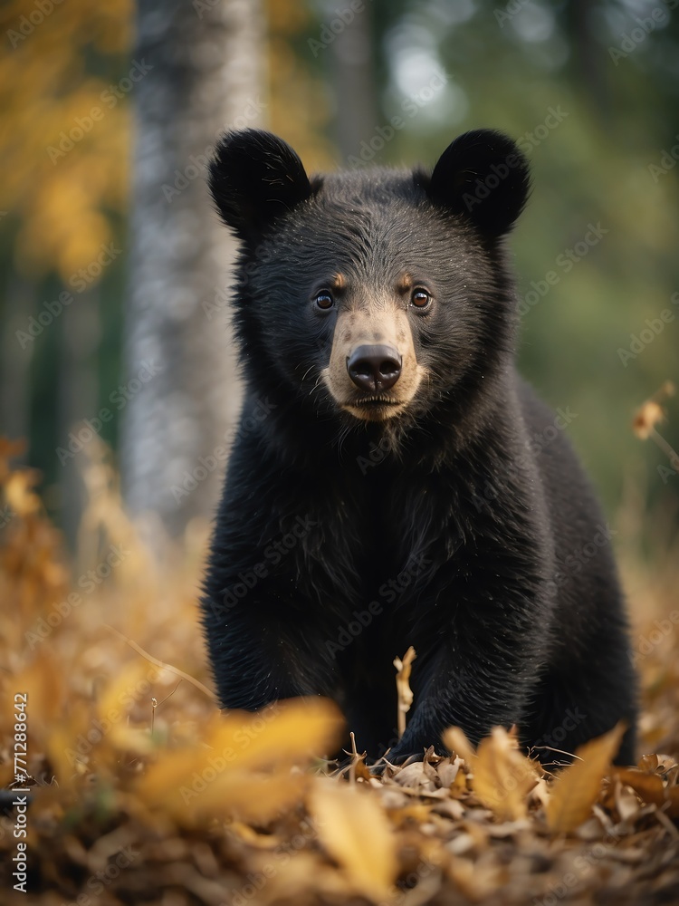 portrait of a baby black bear on outdoor park in city at autumn with trees on background looking at camera from Generative AI portrait of a baby black bear on outdoor park in city at autumn with trees on background looking at camera from Generative AI
