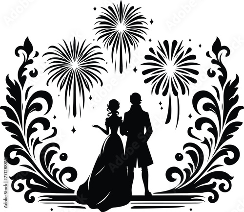 romantic couple watch fireworks silhouette with Victorian flowers ornament decoration, black and white cutout design.