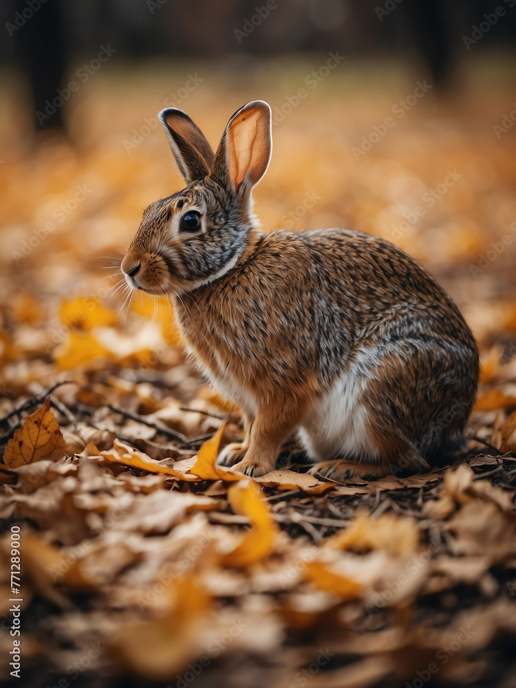 Fototapeta premium portrait of eastern cottontail rabbit on outdoor park in city at autumn with trees on background looking at camera from Generative AI