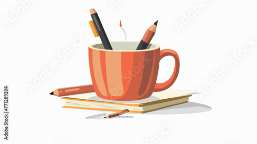 Cup with writing tools icon Flat vector isolated on white