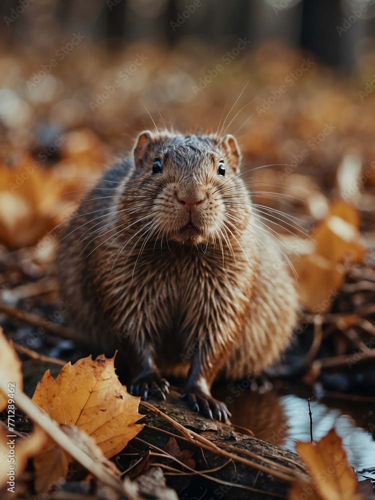 portrait of muskrat on outdoor park in city at autumn with trees on background looking at camera from Generative AI portrait of muskrat on outdoor park in city at autumn with trees on background looking at camera from Generative AI