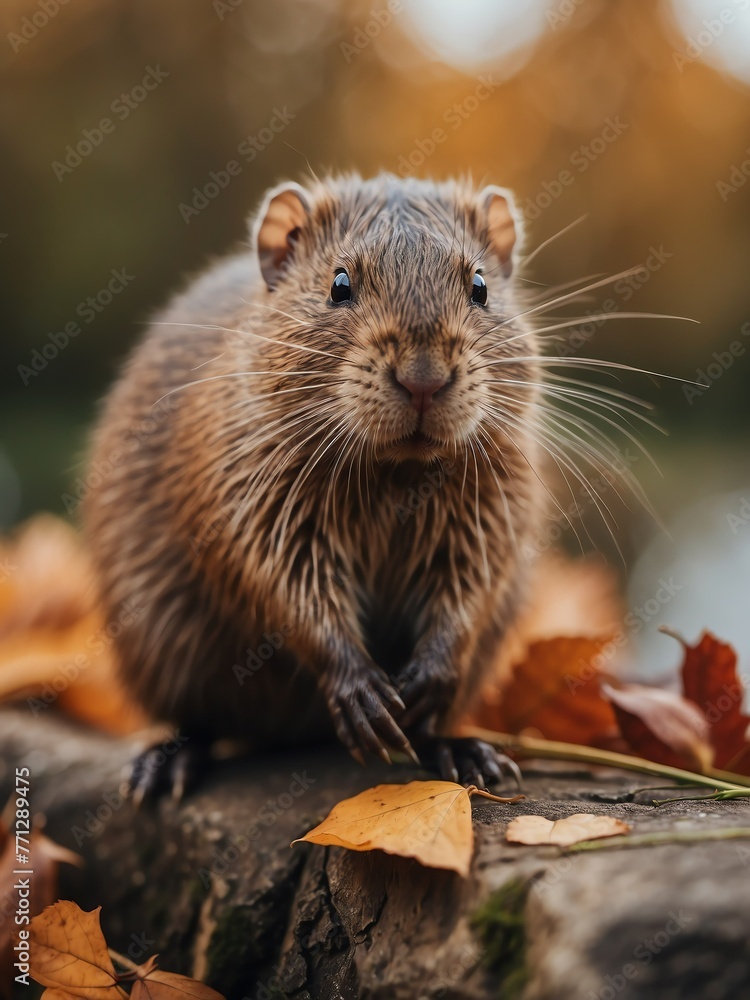 portrait of muskrat on outdoor park in city at autumn with trees on background looking at camera from Generative AI portrait of muskrat on outdoor park in city at autumn with trees on background looking at camera from Generative AI