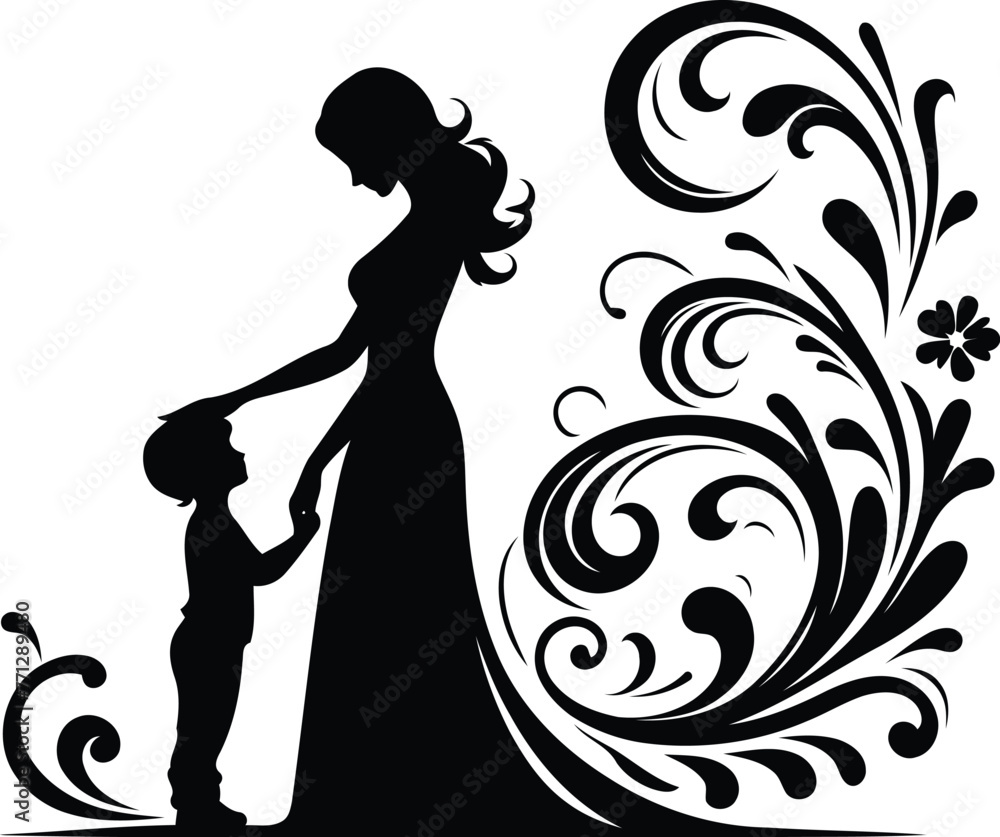 Obraz premium family's silhouette with Victorian flowers ornament decoration, black and white cutout design.