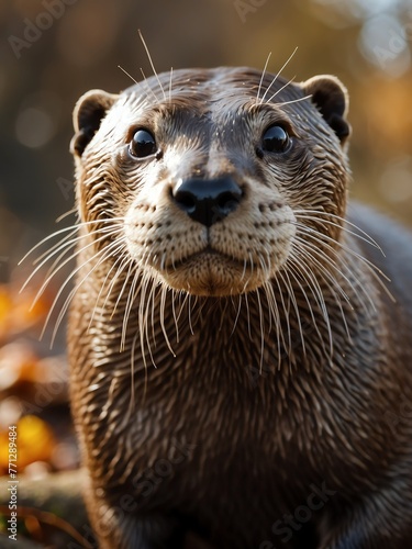 portrait of north american river otter on outdoor park in city at autumn with trees on background looking at camera from Generative AI