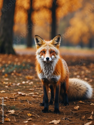 portrait of red fox on outdoor park in city at autumn with trees on background looking at camera from Generative AI