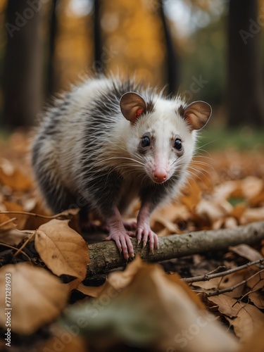 portrait of virginia opossum on outdoor park in city at autumn with trees on background looking at camera from Generative AI