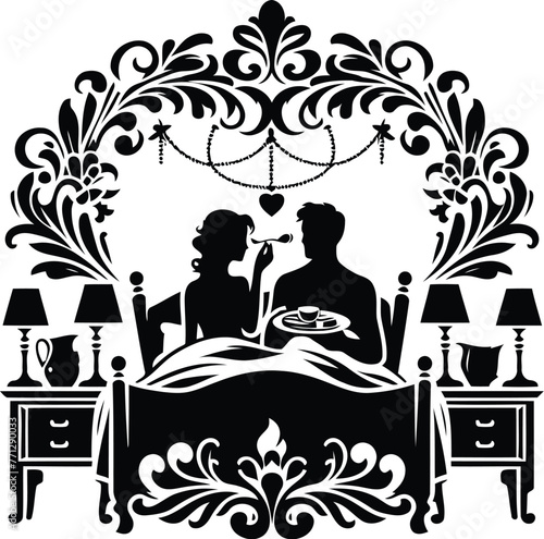 romantic couple breakfast in bed silhouette with Victorian flowers ornament decoration, black and white cutout design.