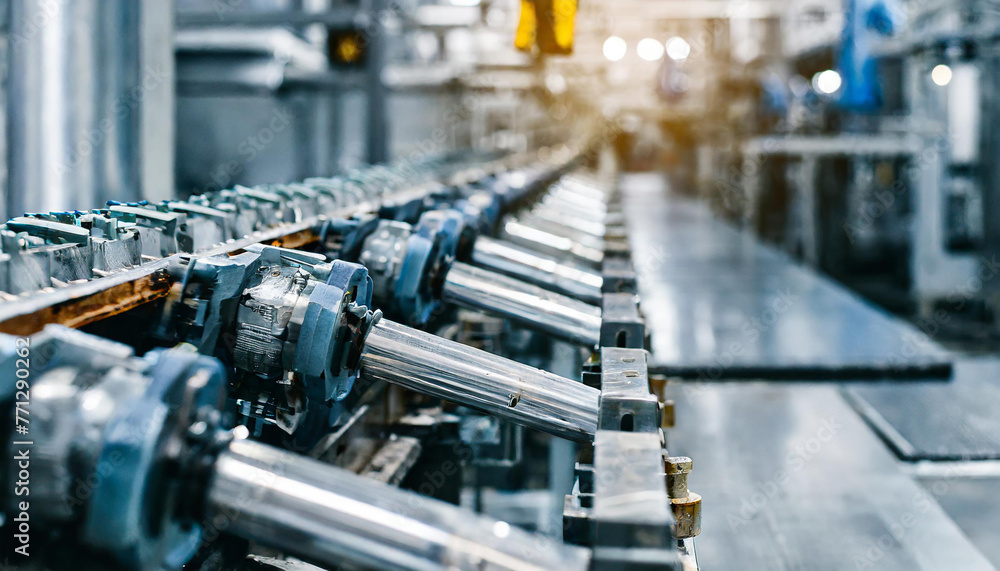 Close-up view of empty mass production assembly line in an industrial plant. Industry, production, manufacture, factory background.