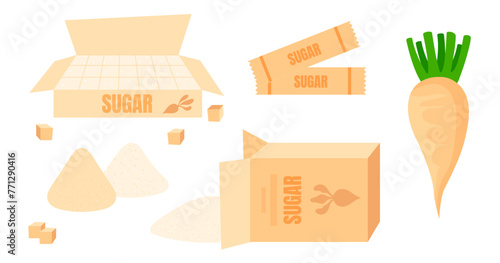 Bio sugar cartoon vector illustration. Set of sugar beet isolated on white background. Granulated sugar. 