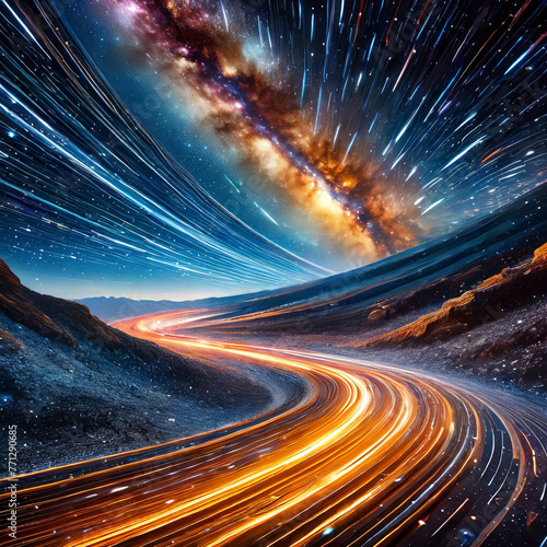 Futuristic race through space speed trails in the Milky Way amidst a tapestry of stars and galaxies path