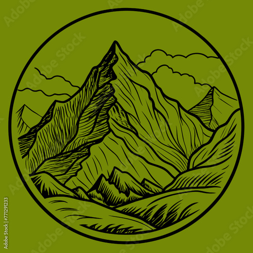 Mountain landscape. Hand drawn sketch. Vector illustration in a circle.