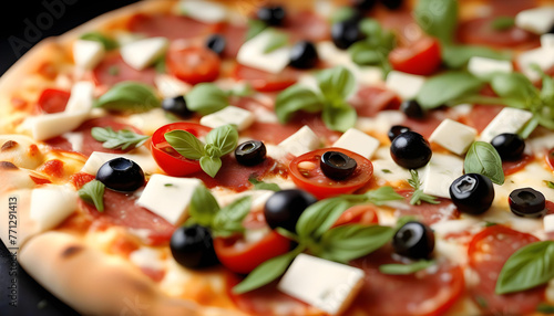A pizza with cherry tomatoes, black olives, and melted mozzarella cheese on a black plate.