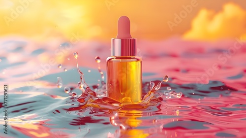 Anti aging serum with collagen and peptides on pink surface with, Transparent bottle of cosmetic gel on a pink background, ai generated 