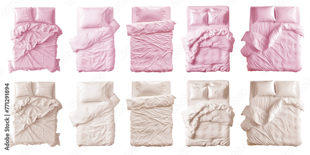 2 Collection set of pastel light pink beige blank blanket, pillows, comforter duvet bedding double king queen single bed top view on transparent cutout, PNG file. Many design. Mockup template - obrazy, fototapety, plakaty 